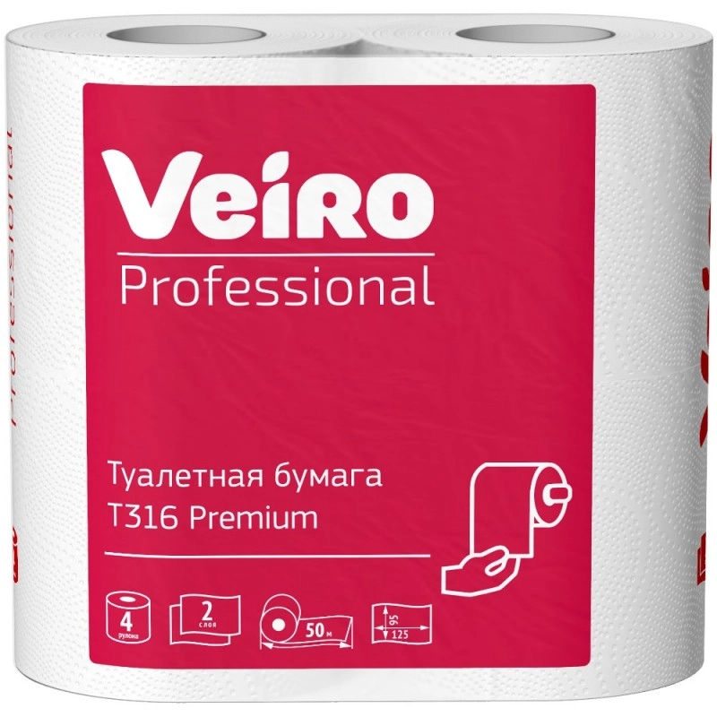 Бумага туалетная  Veiro Professional Premium в стандартных рулонах, 4 рул, 50м, 2 слоя