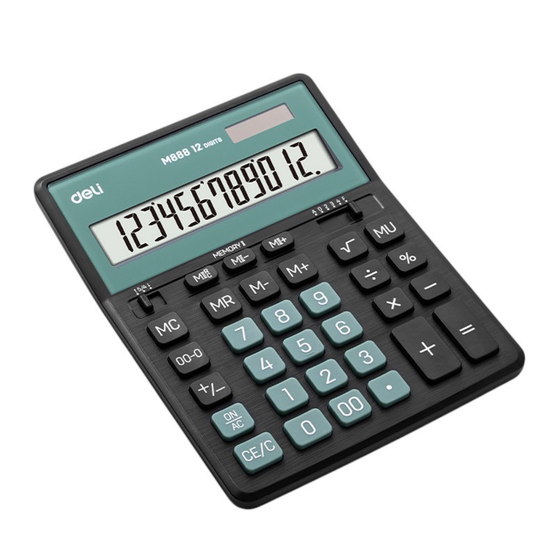 Кальк. наст. 12р. EM888A Deli черный/зеленый, пласт., 202,2*158,5*31,3 мм