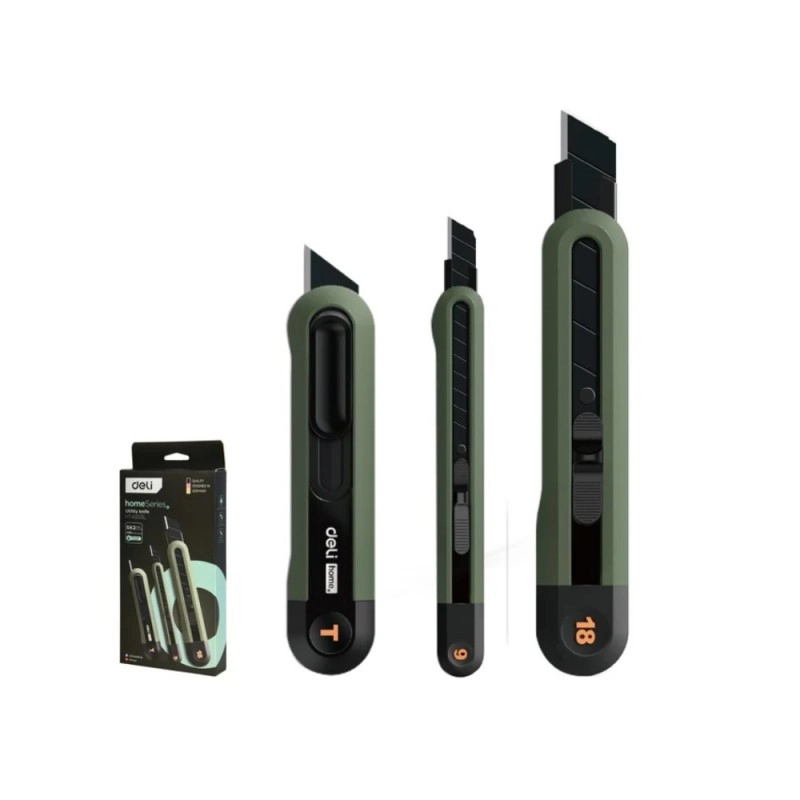 Набор ножей строительных Deli HS EHT4003L 3 шт (ножи 9мм/18мм/трапеция), Soft Touch, зеленый