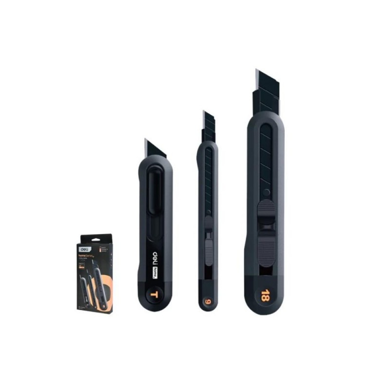 Набор ножей строительных Deli HS EHT4003 3 шт (ножи 9мм/18мм/трапеция), Soft Touch, черный