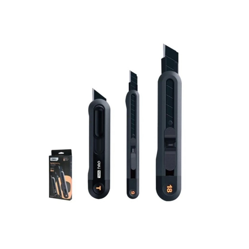 Набор ножей строительных Deli HS EHT4003 3 шт (ножи 9мм/18мм/трапеция), Soft Touch, черный
