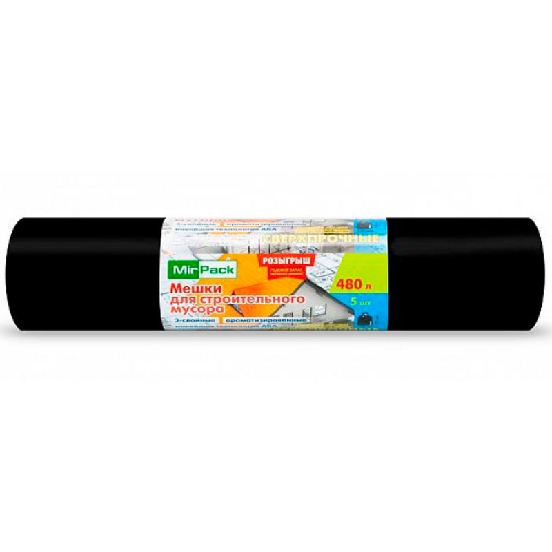 Мешки для мусора 480л 5шт/рулон ПВД Mirpack Стройка 70мкм 130*170см цв.черный
