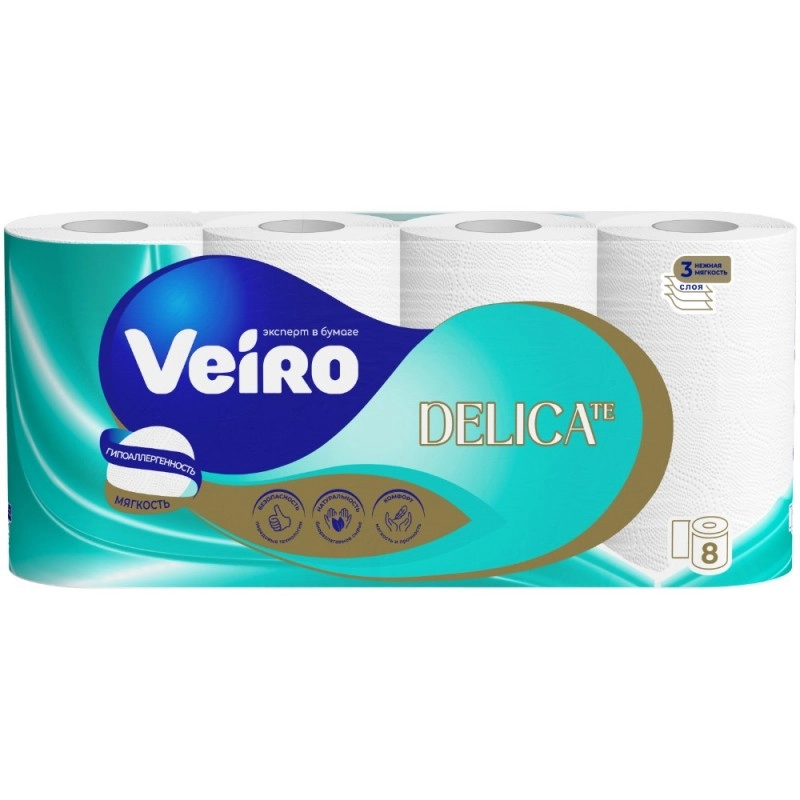 Бумага туалетная  Veiro Delicate, 8 рул, цв.белый, 3-сл.