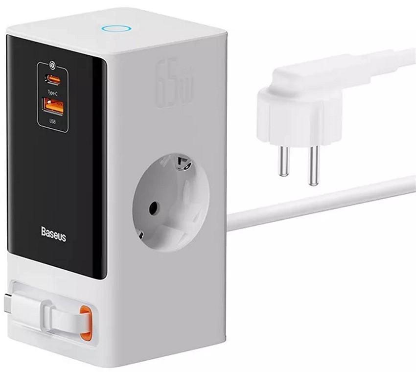 Удлинитель Baseus PSLR000602 PowerCombo Digital PowerStrip 2AC+1U+1C+Retractable-C 65W Smart Version with 1.5m power cord EU Glacier White (CCGAN65-SS2ACE)